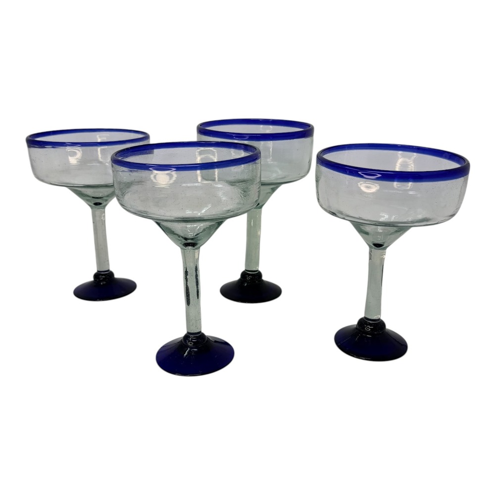 Mexican Margarita Glasses‎ Cobalt Blue Rim Handblown Glass Set of 4 Vintage 8"